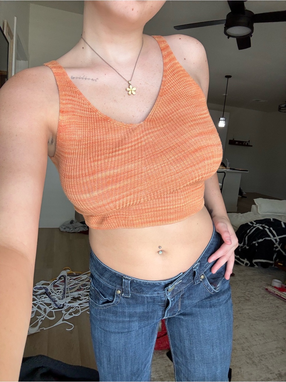House of Harlow 1960 Orange Ribbed V-Neck Crop Top
